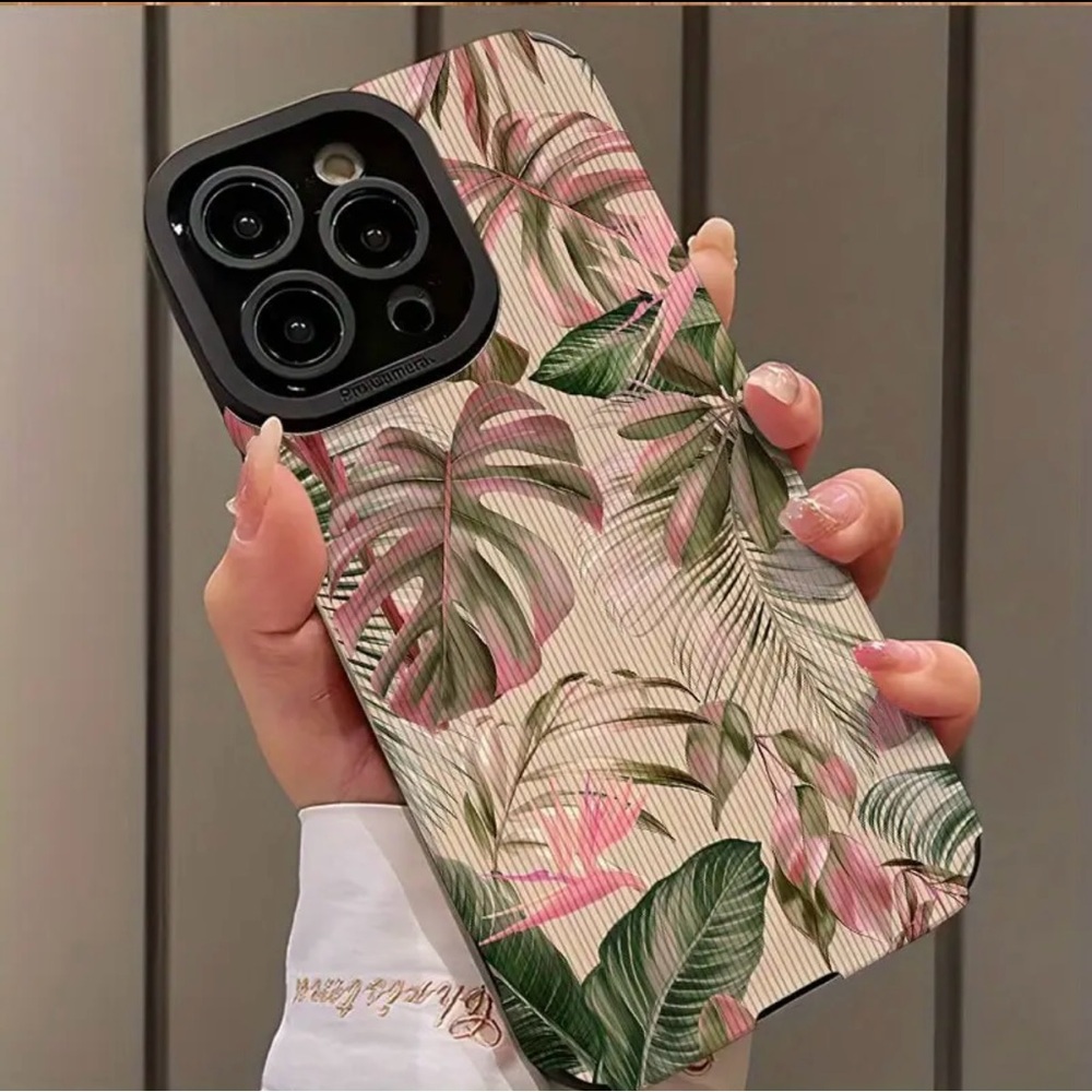 iPhone Phone Case Vertical Grain Tropical Pattern PU Leather Texture Ivory
